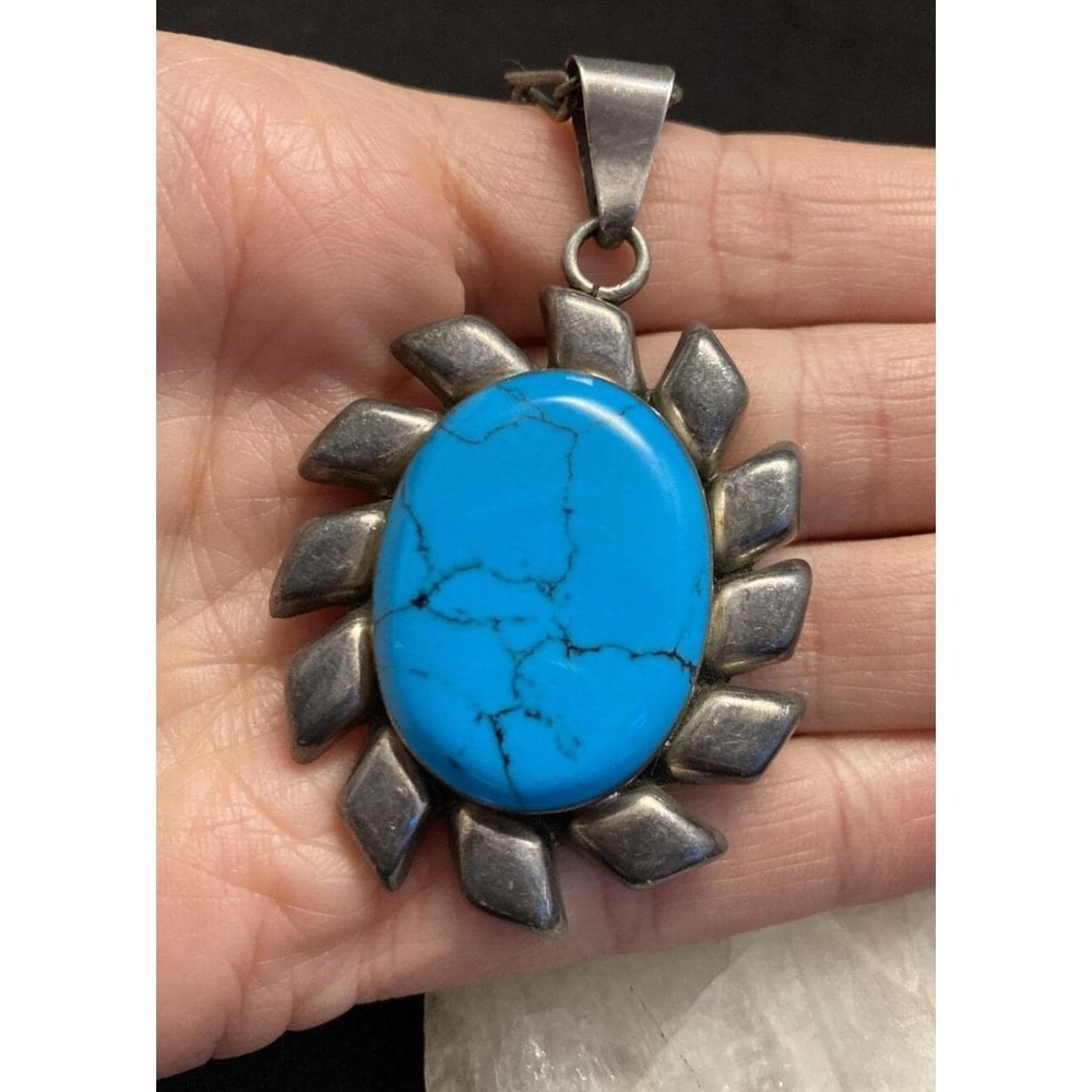 Vintage Mexico Blue Howlite Sterling Silver Pendant 18'' Chain Necklace 32g Boho